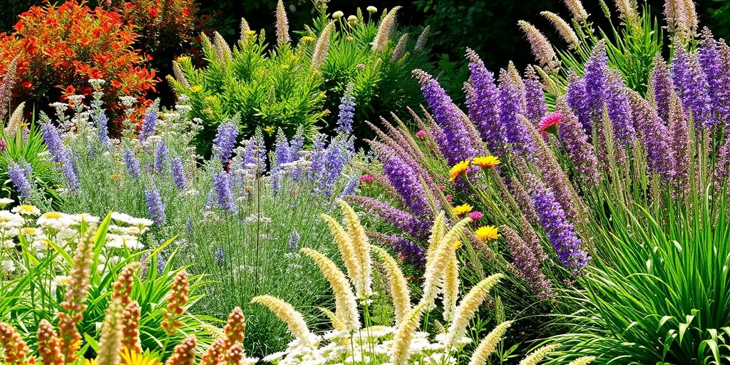 Vibrant perennial garden blooms amid lush, diverse seasonal plantings outdoors.