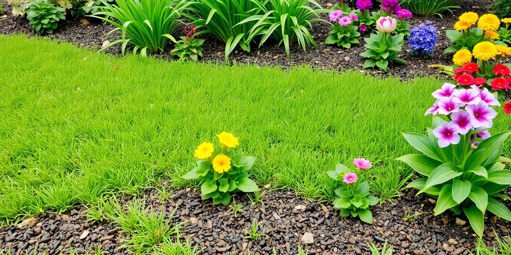 Healthy lawn with colorful flowers, preventing weed growth.