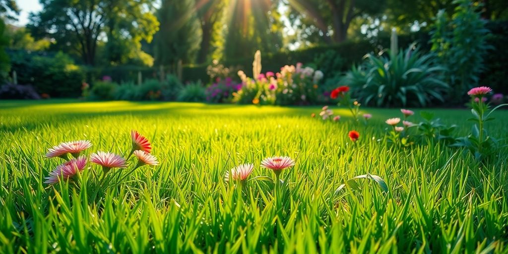 Vibrant green lawn with colorful flowers and healthy plants.