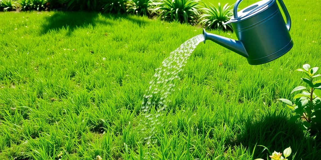 Watering patchy grass in a bright green lawn.
