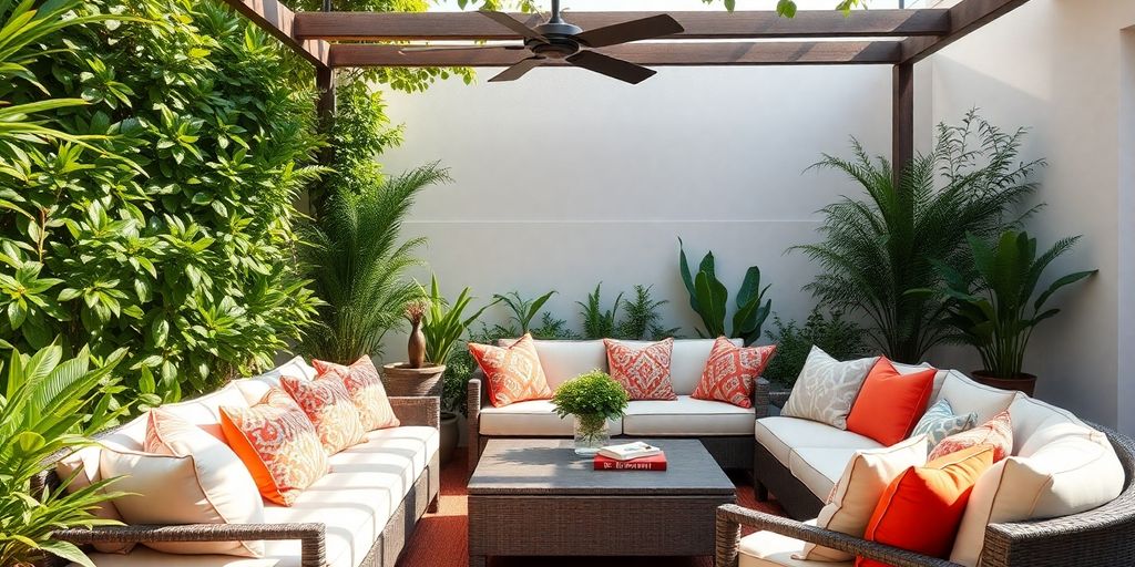 Cozy outdoor living space with comfortable furniture and greenery.
