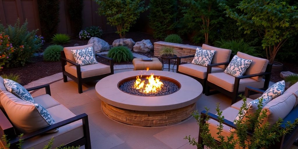 A modern fire pit with surrounding seating in a garden.