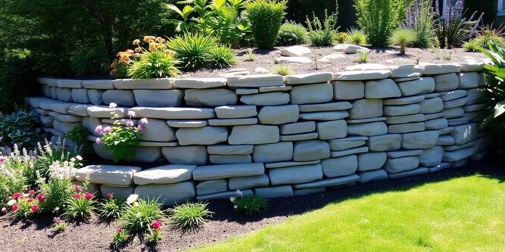 Stone retaining wall amid colorful flowers and greenery.