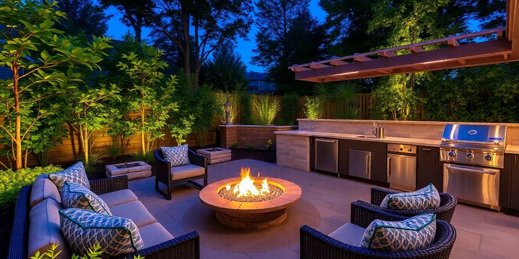 Cozy fire pit and outdoor kitchen in lush landscape.