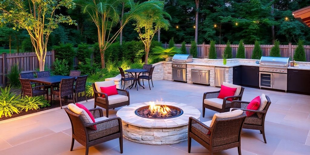 Outdoor dining area with fire pit and kitchen.