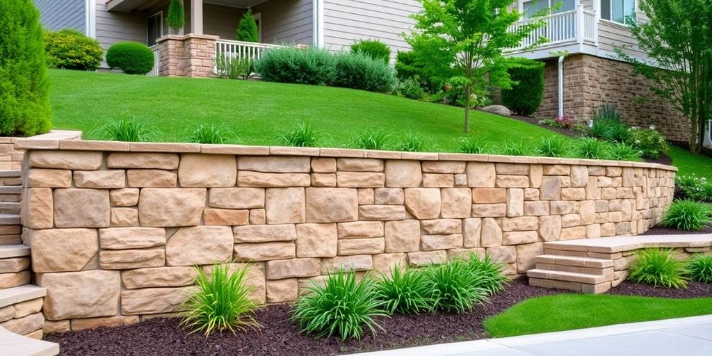 Beautifully designed stone retaining wall in a green landscape.