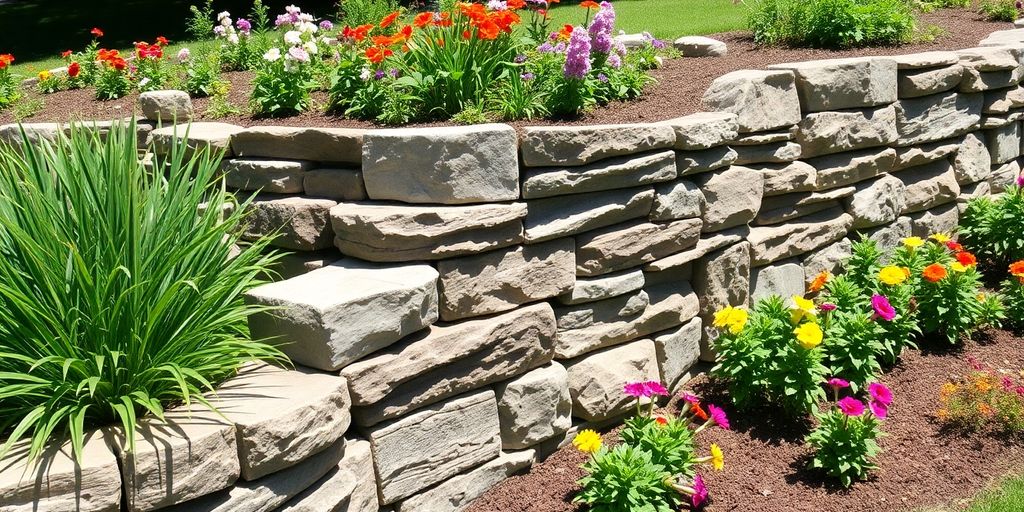 Stone retaining wall in a colorful garden setting.