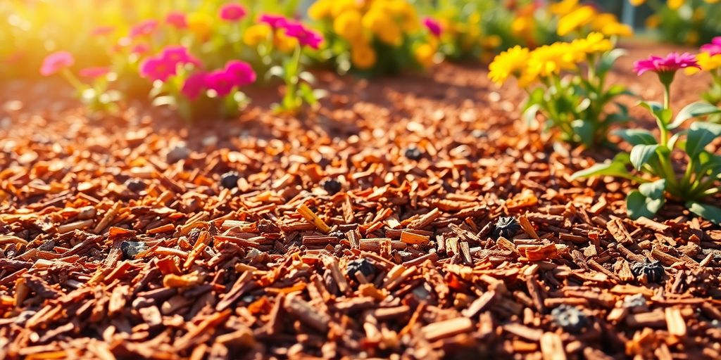Colorful mulch in a garden bed with flowers.