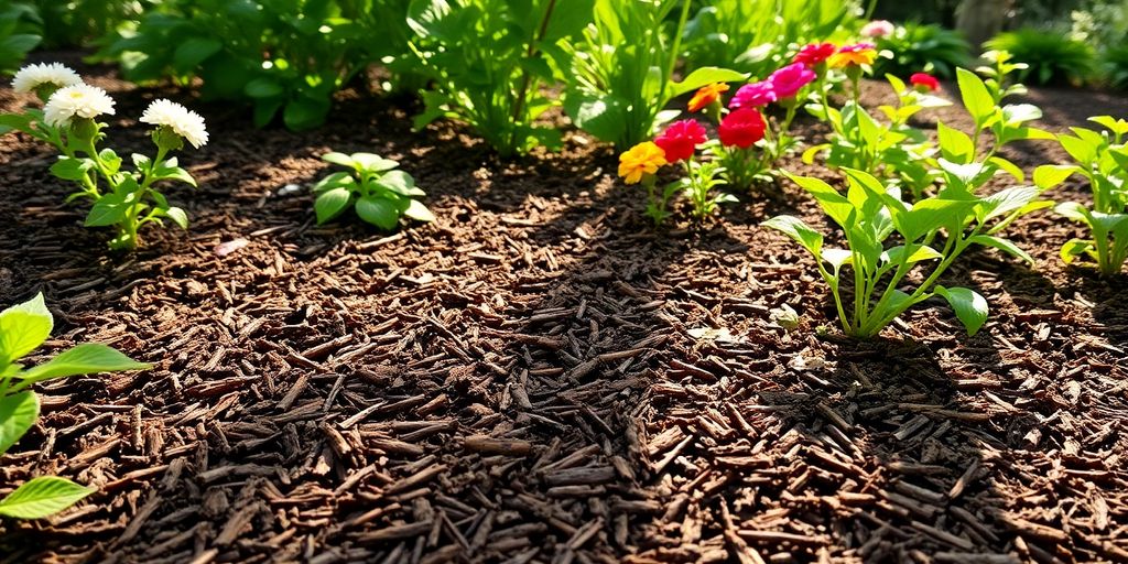 Freshly applied mulch in a colorful garden bed.