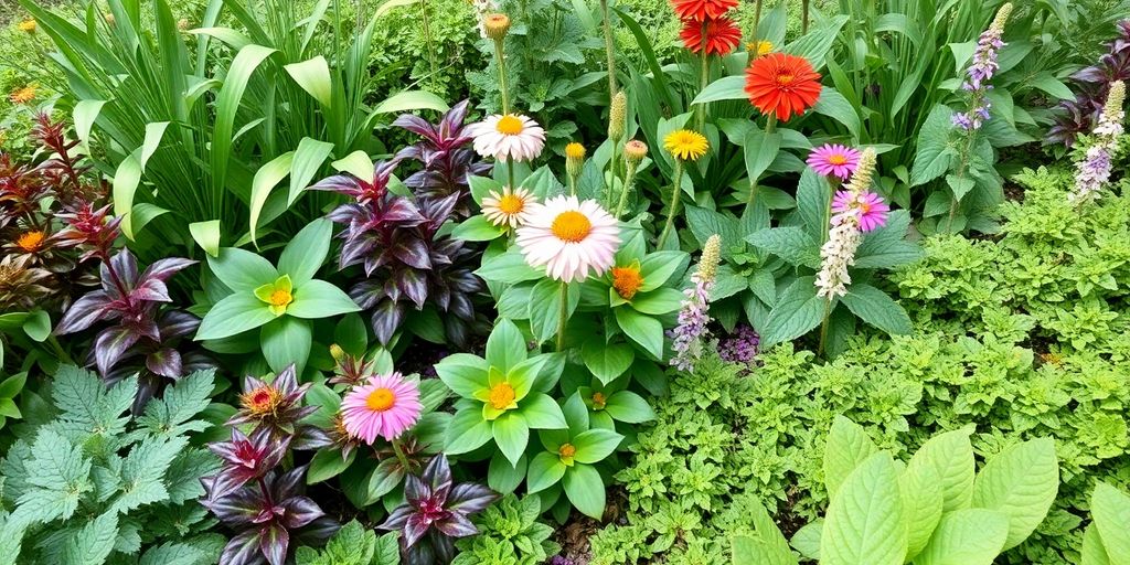 A colorful garden with native and exotic plants side by side.