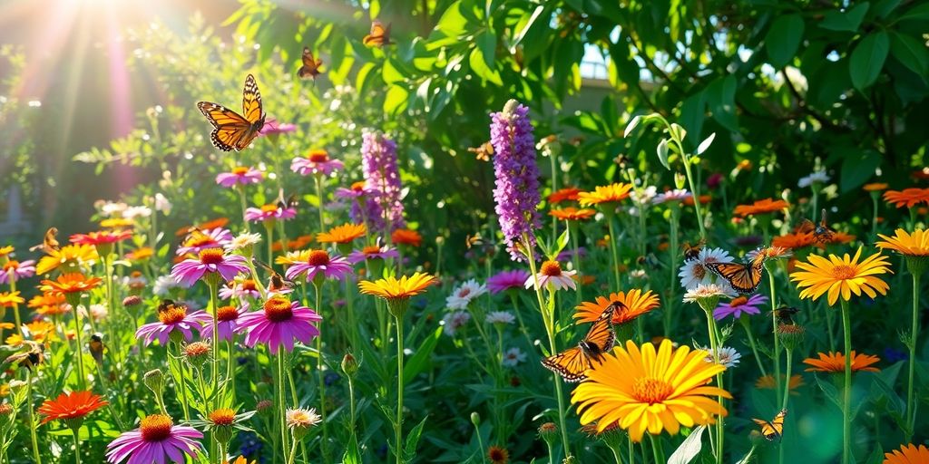 Colorful flowers and butterflies in a sunny garden.