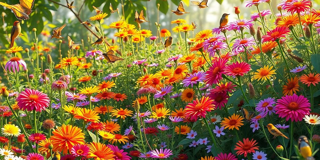 Colorful garden attracting birds and pollinators with flowers.