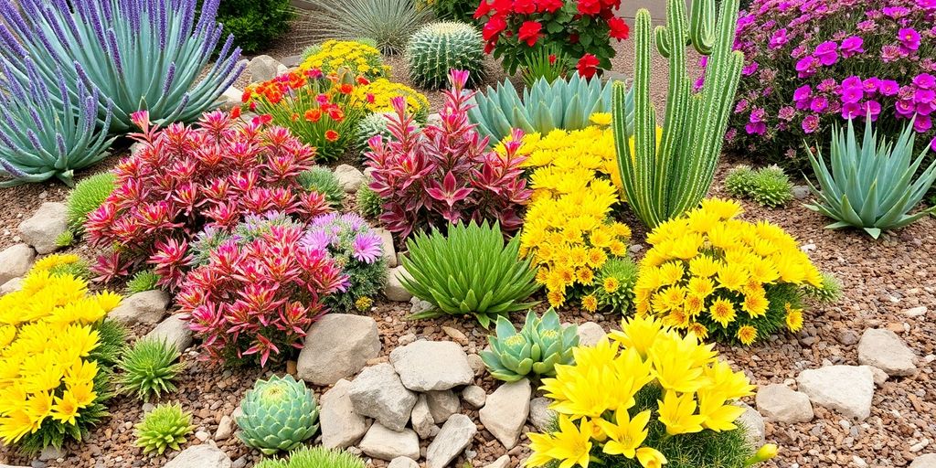 Colorful drought-resistant plants in a xeriscaped garden.