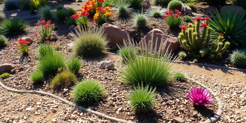 Drought-resistant garden with colorful plants and soil layers.