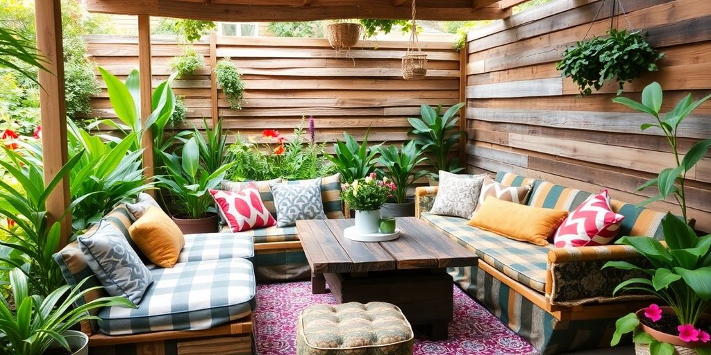 Cozy outdoor living area with recycled materials and greenery.