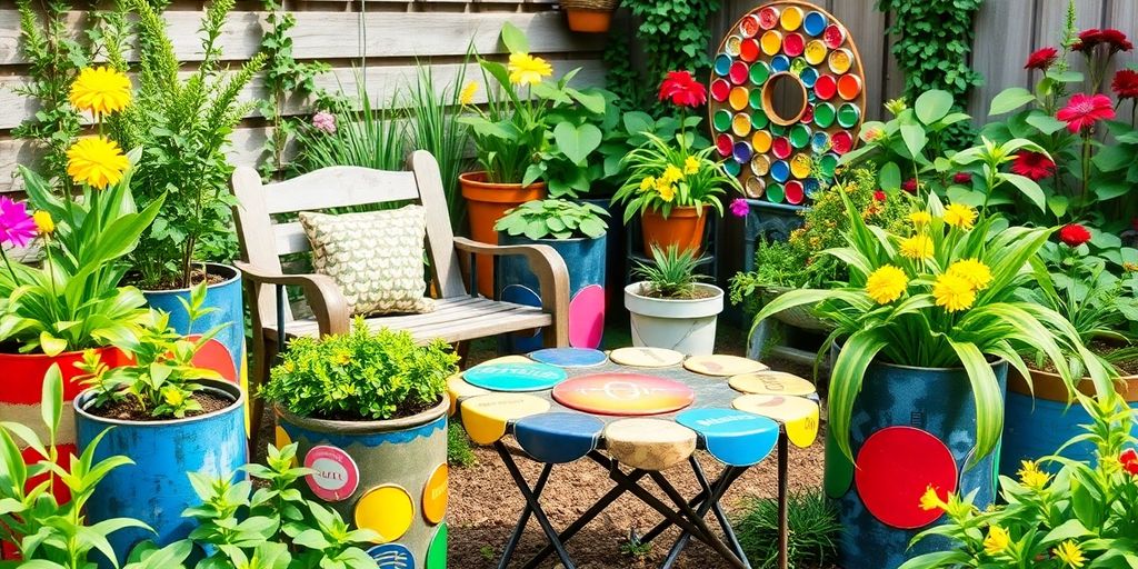 Colorful upcycled garden decor made from recycled materials.