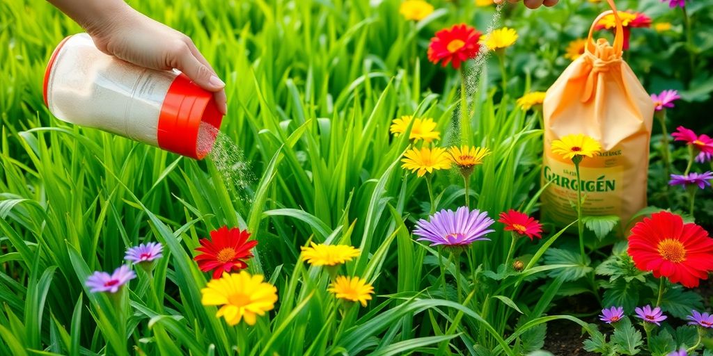 Vibrant garden with organic fertilizer and healthy plants.