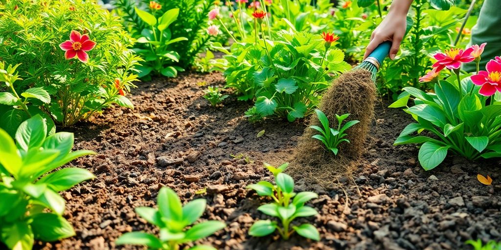 Lush garden with healthy plants and organic fertilizer.