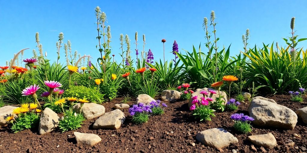 Colorful rain garden with native plants and stones.