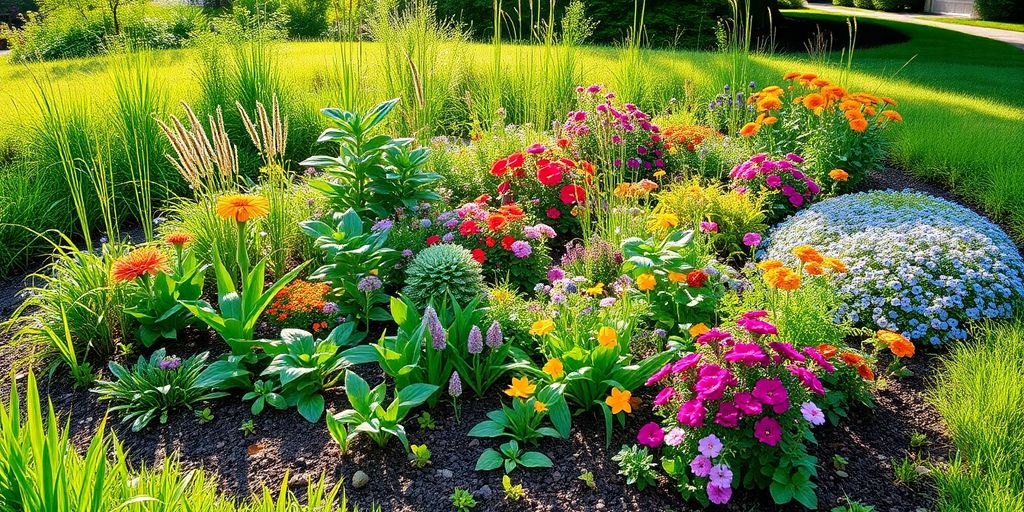 A colorful rain garden with various native plants and flowers.