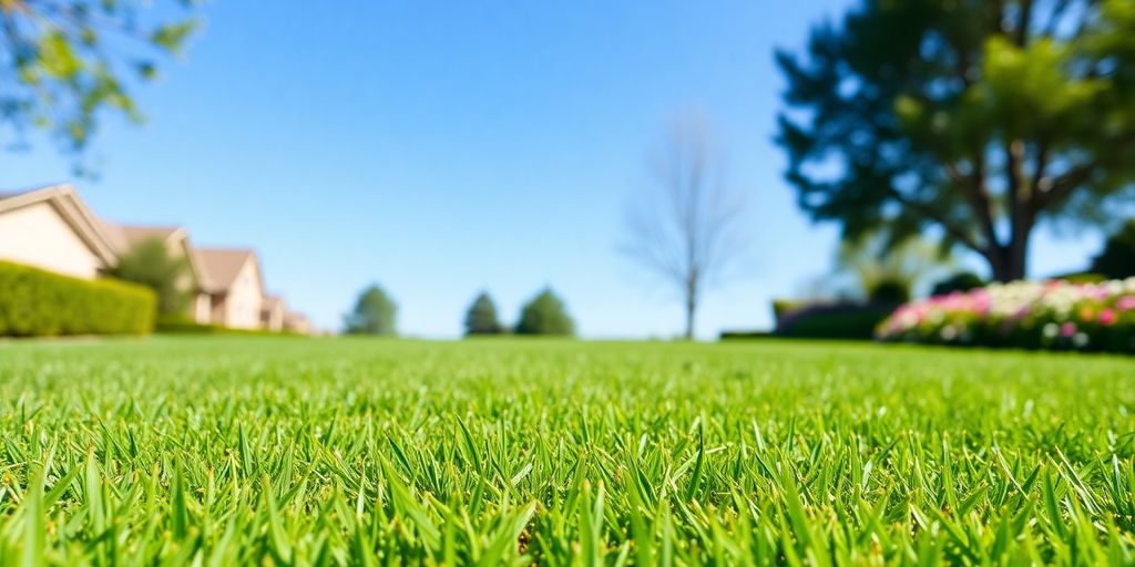 Freshly mowed green lawn with blue sky background.