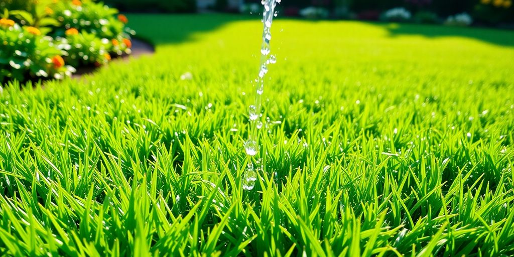 Lush green lawn being watered with a garden hose.