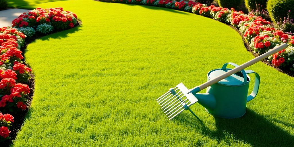 Vibrant green lawn with seasonal care tools and flowers.