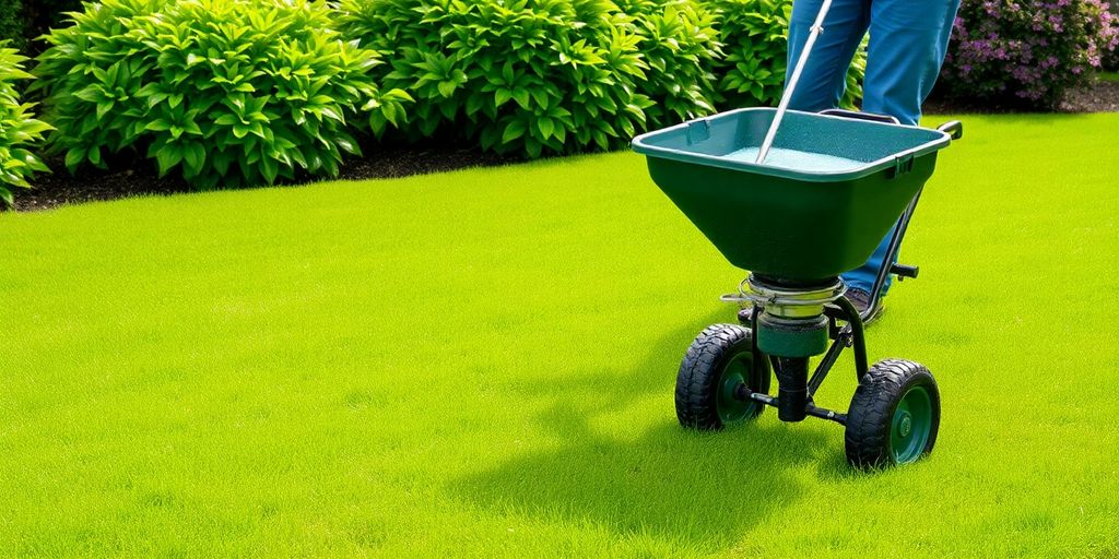 Professional applying fertilizer to a lush green lawn.