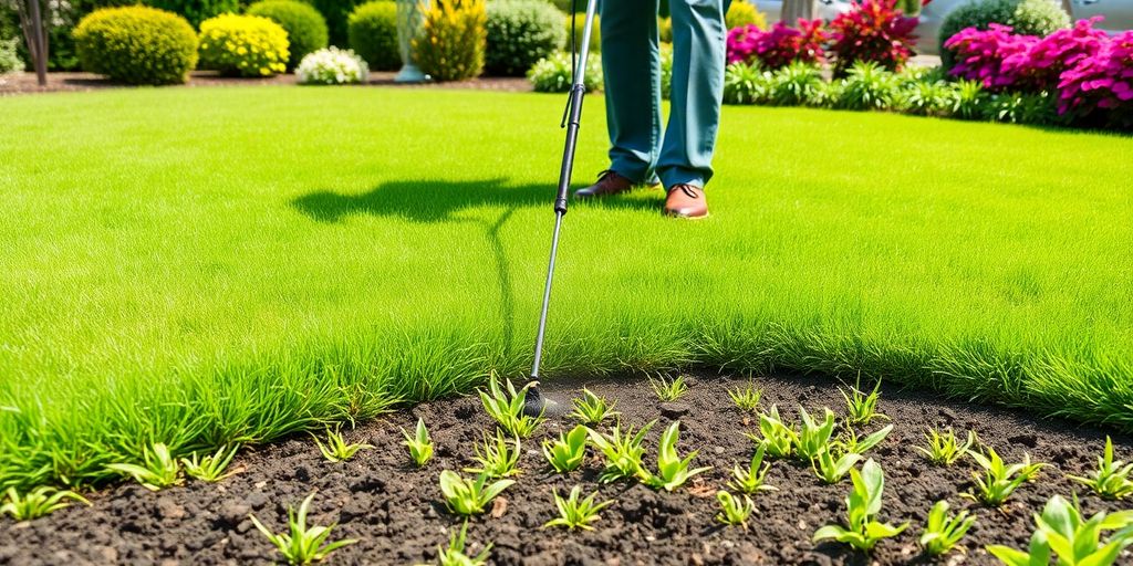Technician fertilizing a healthy, green lawn.