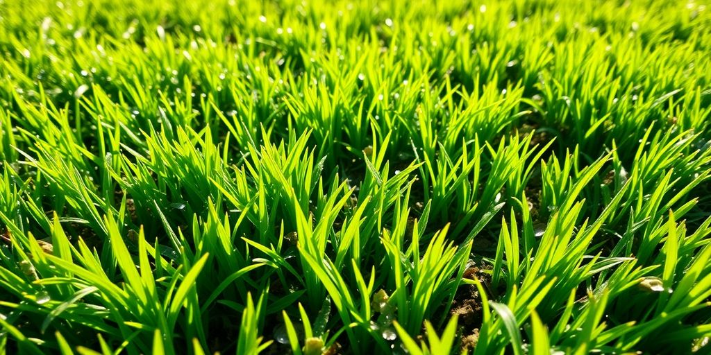 Close-up of lush green grass with new seedlings.
