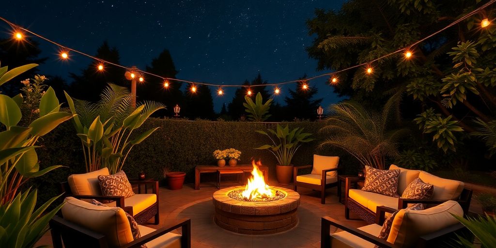 Cozy outdoor fire pit with seating and greenery.