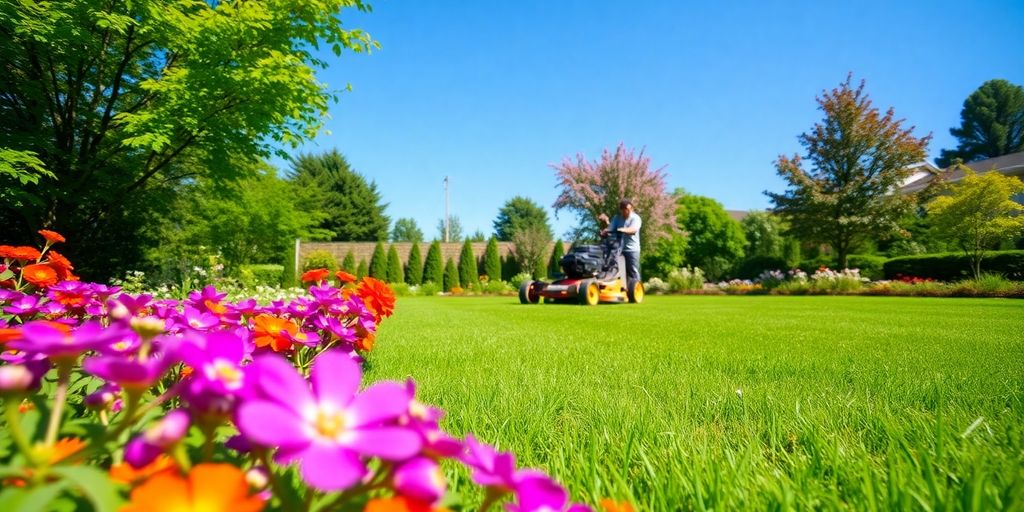 Person mowing a lush green lawn in summer.