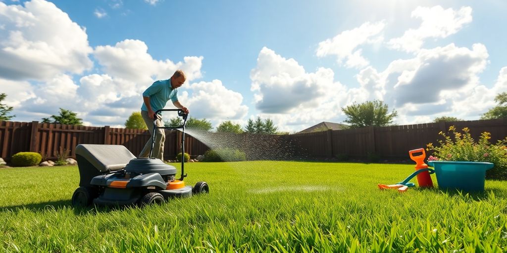 Lush green lawn with gardening tools in summer sunlight.