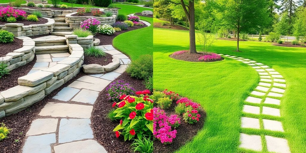 Split image of hardscaping and softscaping elements.