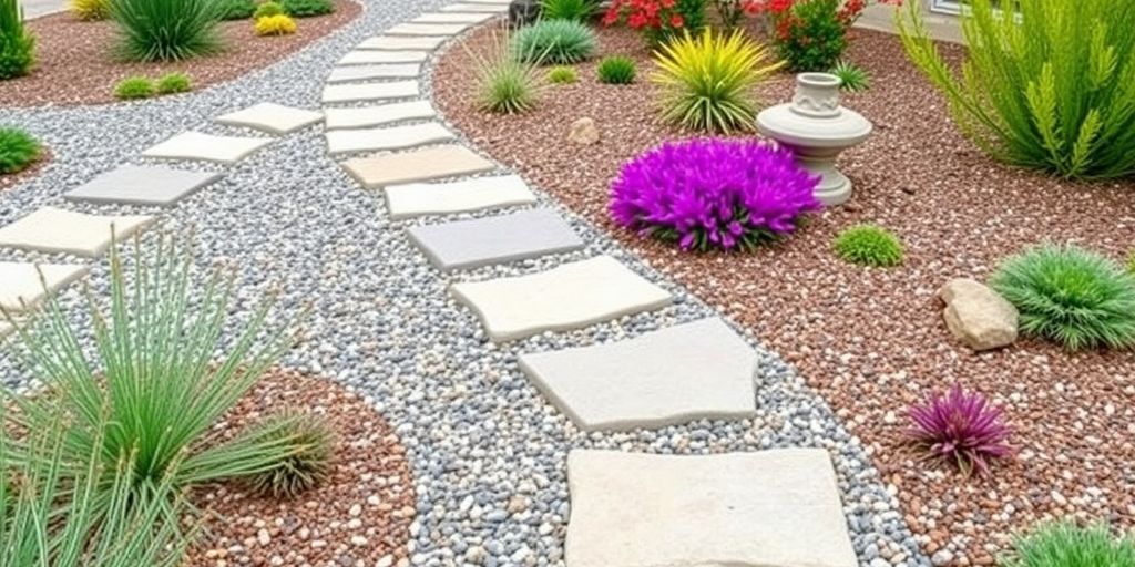 Low-maintenance landscape with hardscaping elements and plants.