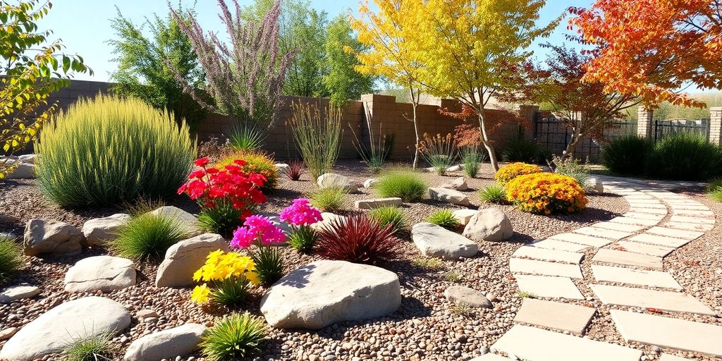 Low-maintenance landscape with seasonal plants and decorative stones.