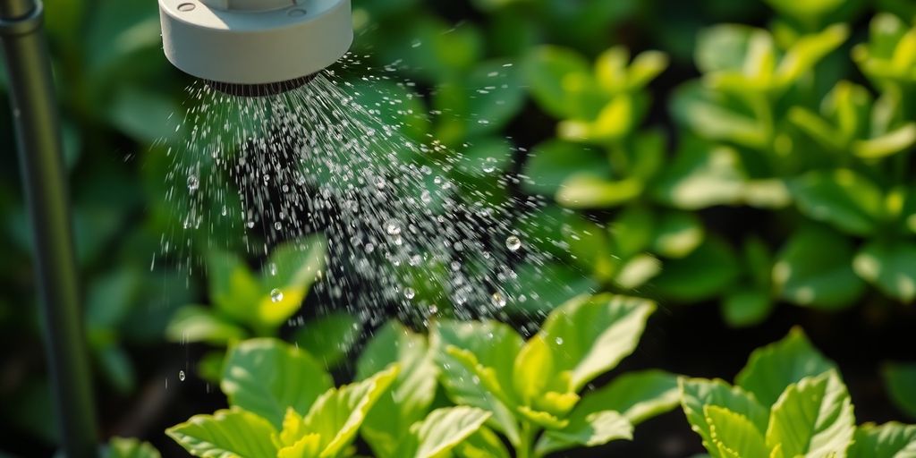 Smart irrigation system watering lush green plants.