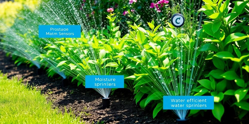 Smart irrigation system watering a lush green garden.