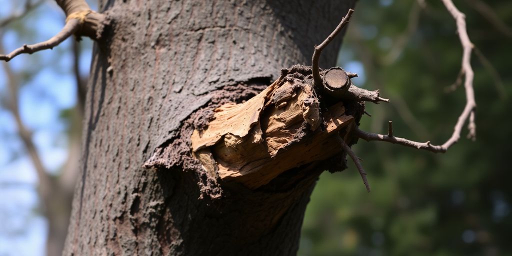 Close-up of a damaged tree trunk with decay.