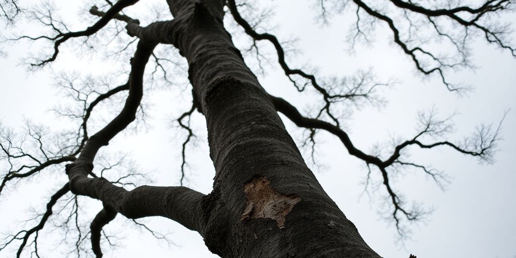 Leaning tree with cracks and broken branches against cloudy sky.