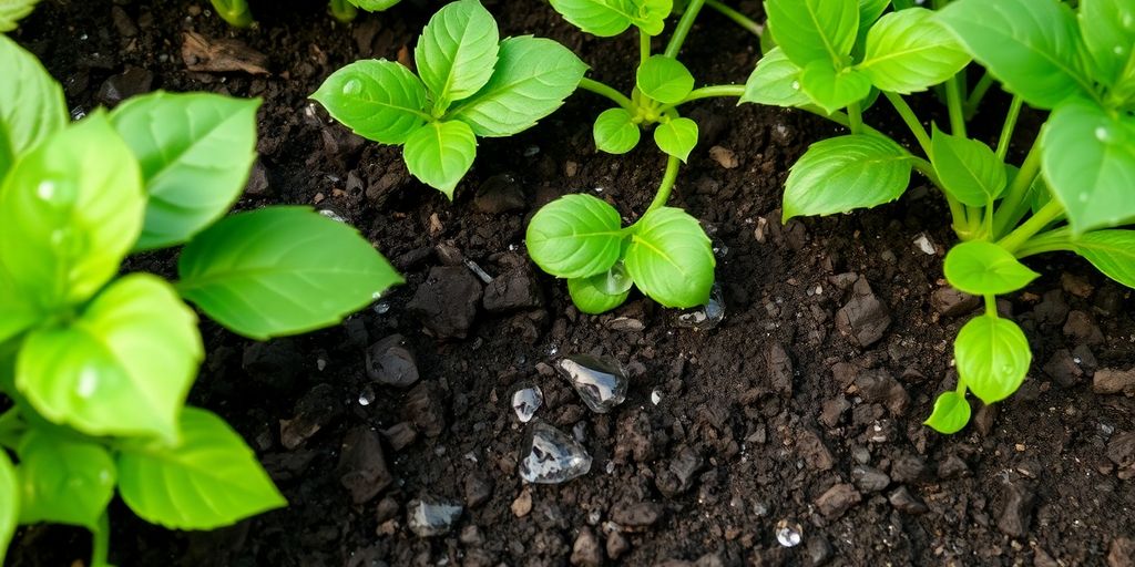 Healthy plants in rich soil with water droplets.
