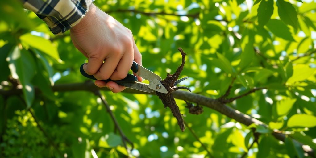 Person trimming tree branches in vibrant greenery.