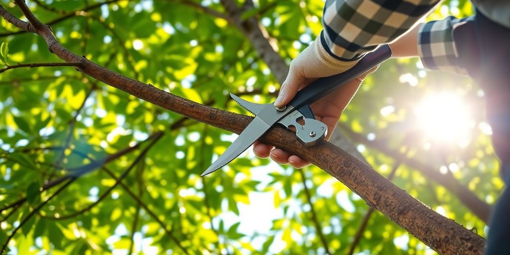 Arborist trimming a tree branch in lush greenery.