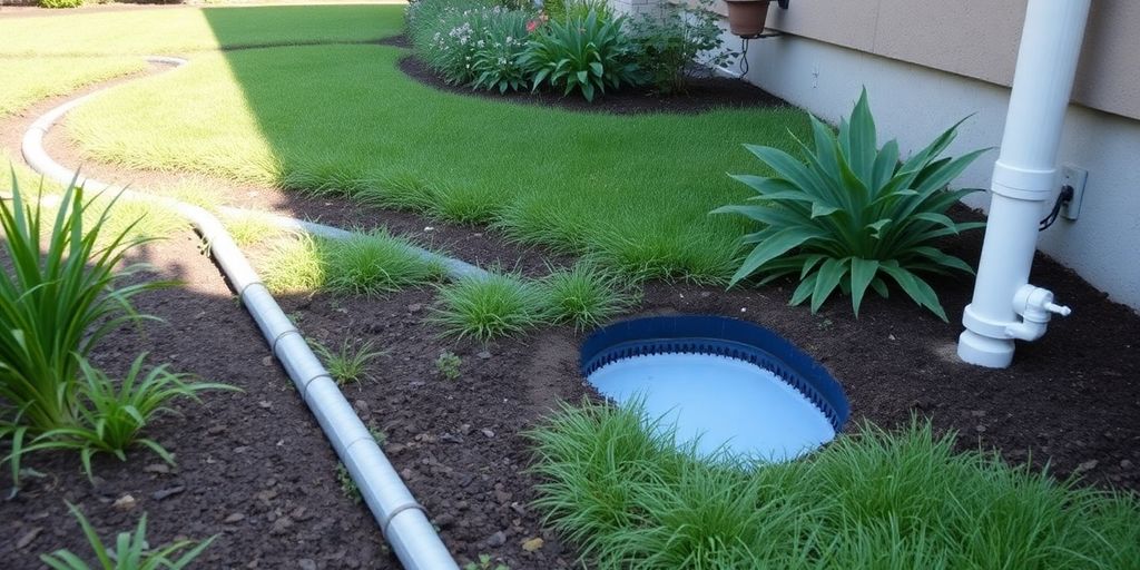 A landscaped yard with drainage systems and thriving greenery.