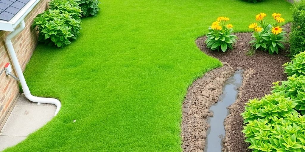 Green yard with effective drainage systems and channels.