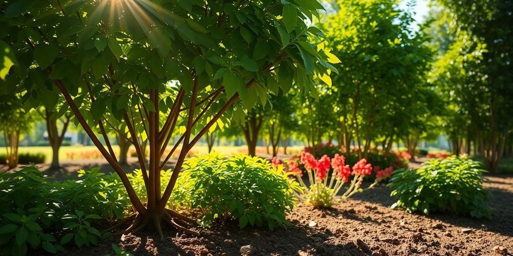 Lush green trees and shrubs in healthy soil.