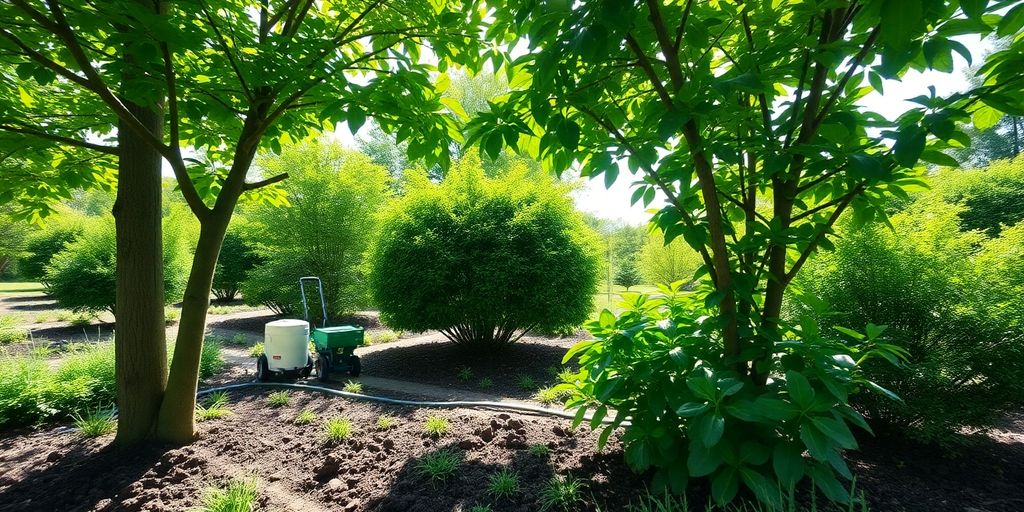 Healthy trees and shrubs benefiting from deep root fertilization.