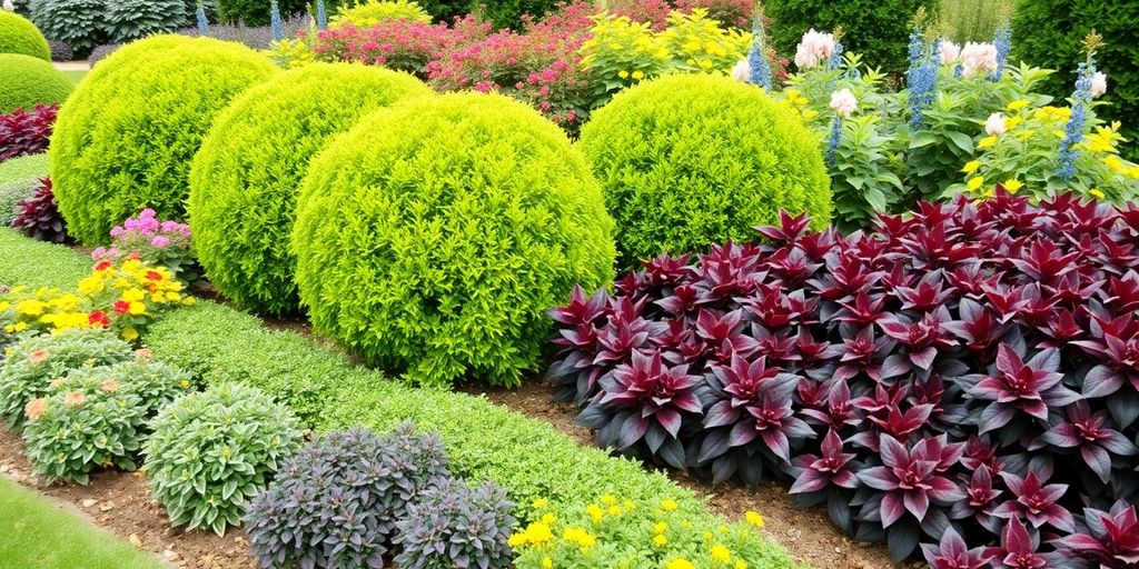 Lush landscape with expertly manicured shrubs and colorful plants.