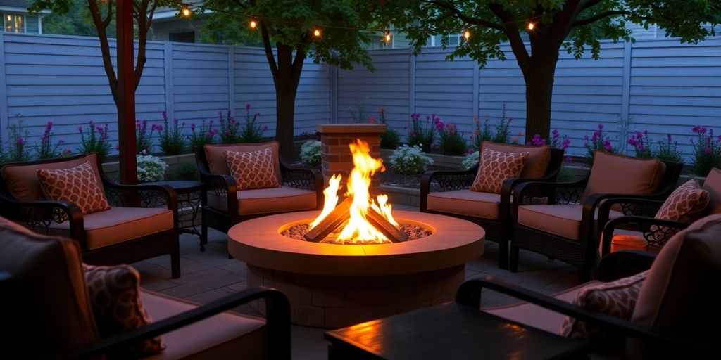 Outdoor fire pit in a beautifully landscaped yard.