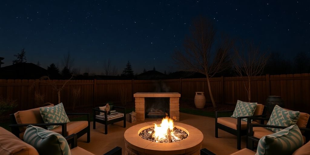 Fire pit surrounded by seating in a starry backyard.